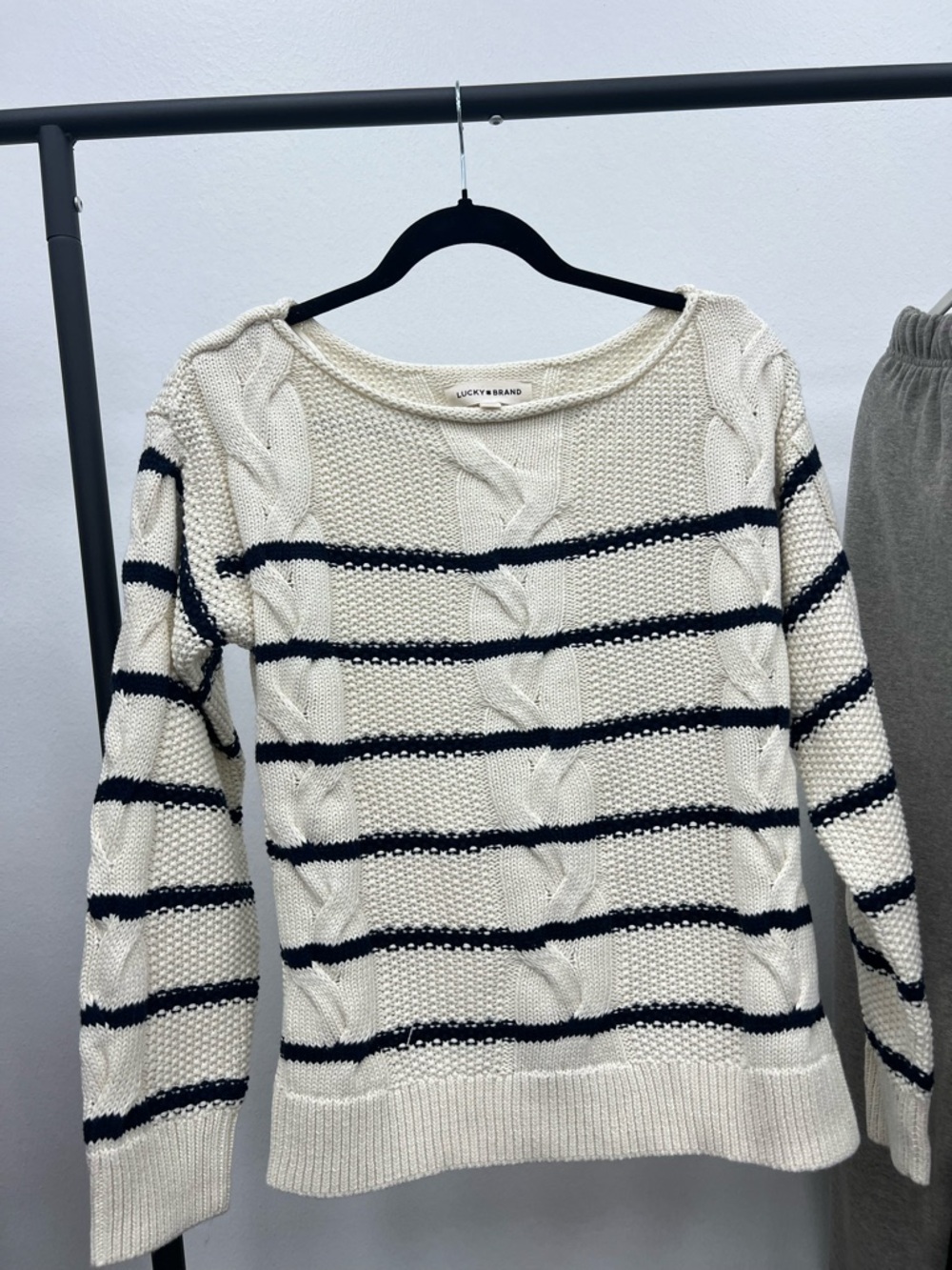 Lucky Brand Cream and Navy Striped Cable Knit Crew Sweater